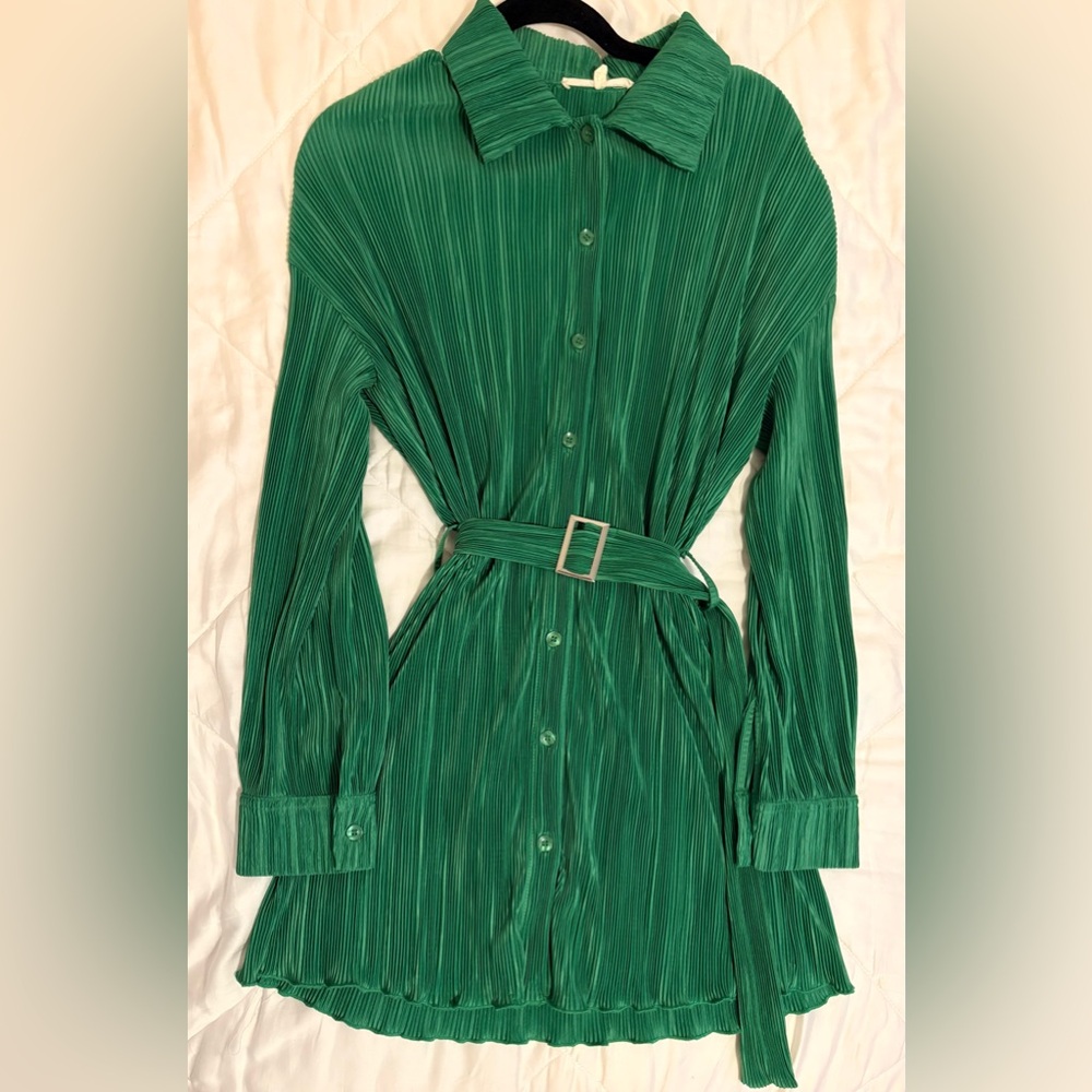 Green Long Sleeve Pleated Dress